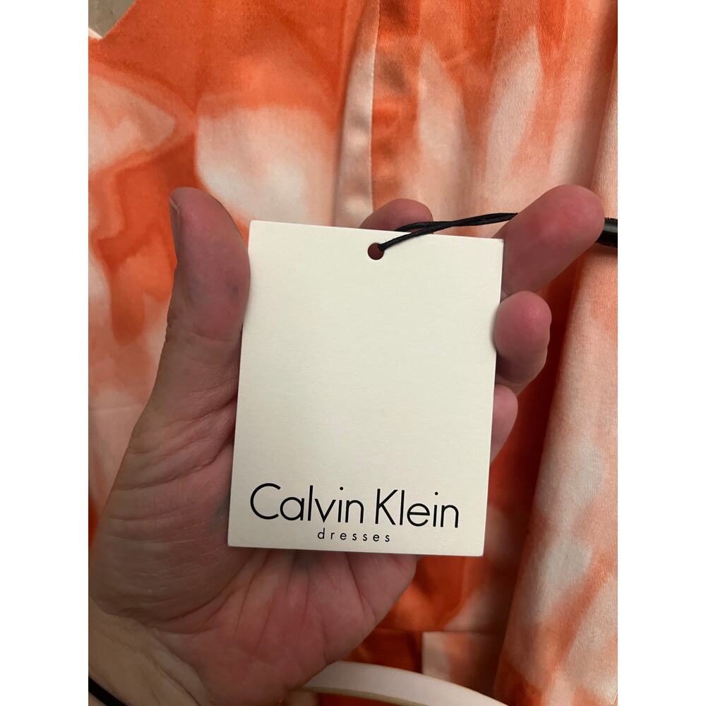 NWT Calvin Klein Size 10 Orange White Floral Pleated Belted Sleeveless Dress - Picture 7 of 9